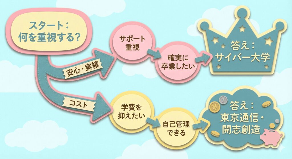 タイプ別のおすすめ通信制大学診断チャート。サポート重視ならサイバー大学、コスパ重視なら東京通信大学や開志創造大学へ分岐する流れ。